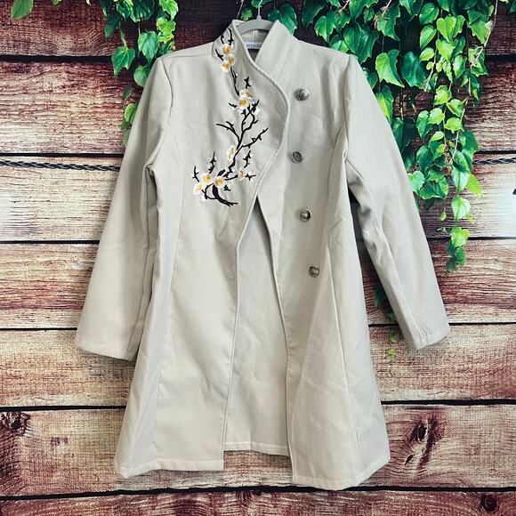 Misslook Long Jacket L/XL Whimsical Floral Tree Branch Beige Fall Trench Coat - Picture 1 of 5